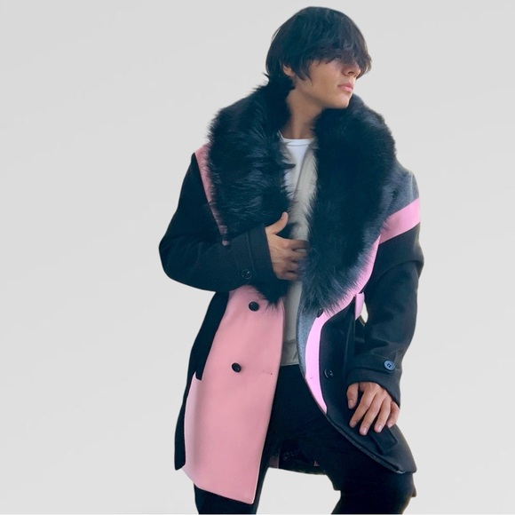 Men’s Pink | Grey | Black Double Breast Coat with Faux Fur NWT - Picture 4 of 9